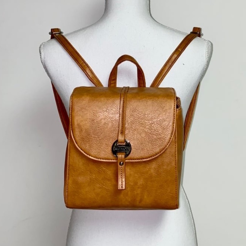 KOLTOV faux leather backpack handbag purse brown tan camel school bag pockets